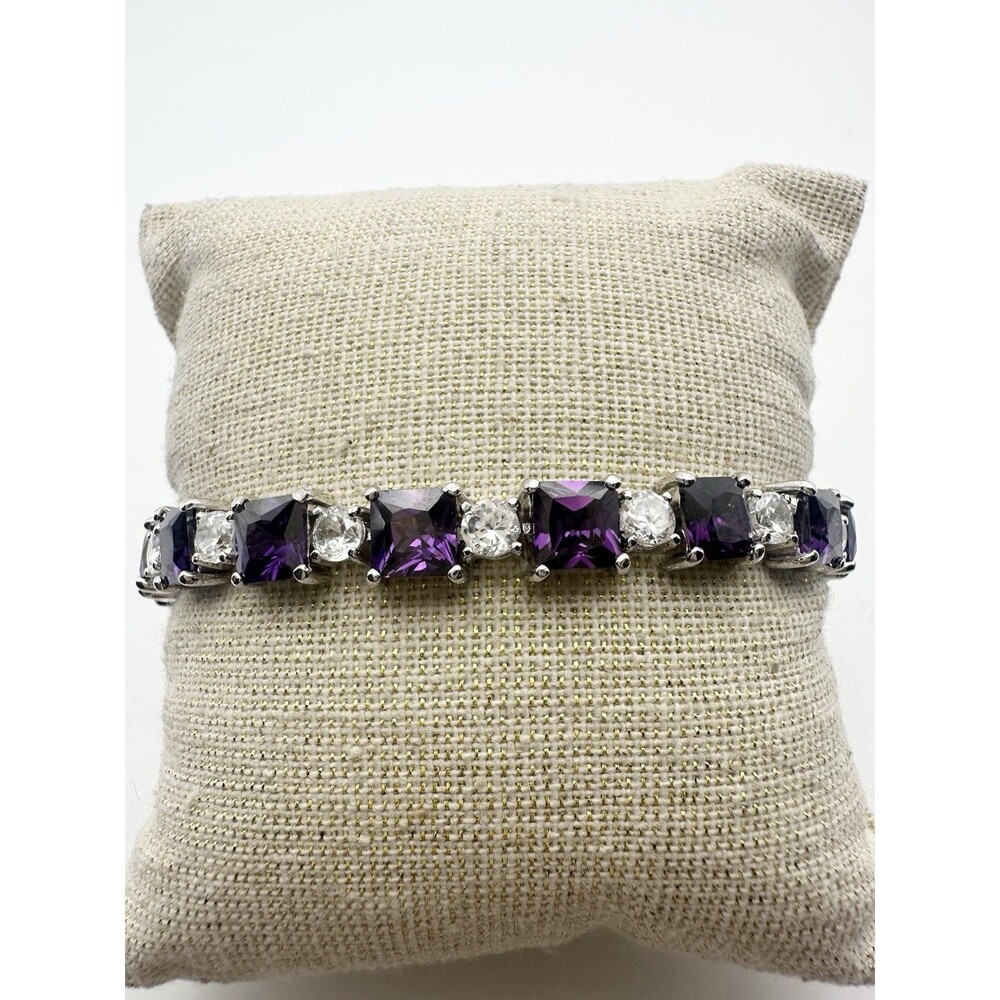 Vintage Purple & White Cubic Zirconia Sterling Silver Tennis Bracelet 7.25”